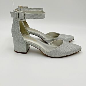 Dream Pairs Annee Pointed Toe Low Chunky Heels Pump Shoes‎ Silver Glitter Sz 8.5